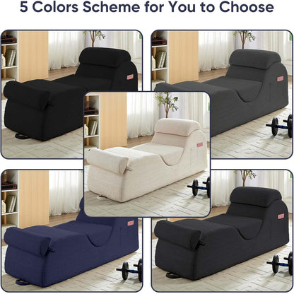 25" Wide Corduroy Yoga Chair, Yoga Lounge Chair for Adults, Chaise Lounge Chair Indoor/Yoga Lounger with Headrest, Waist Cushion, Movable Footrest, Side Pockets, High Density Sponge-Black