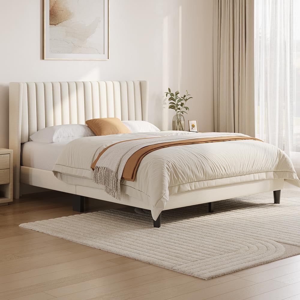 Yaheetech Queen Bed Frame Upholstered Platform Bed with Fabric Headboard, Wing Edge Design/Non-Slip and Noise-Free/Wooden Slats Support/No Box Spring Needed/Easy Assembly, Ivory Queen Bed
