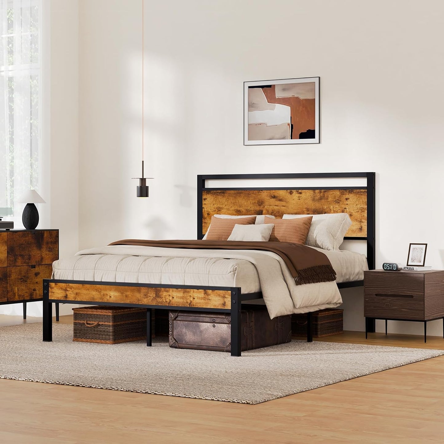 Easy Assembly Sturdy Metal Platform Bed, Queen Size Bed Frame with Headboard & Footboard, Anti-Slip & Silent Support, No Box Spring Needed with Underbed Storage, Modern Bedroom Furniture