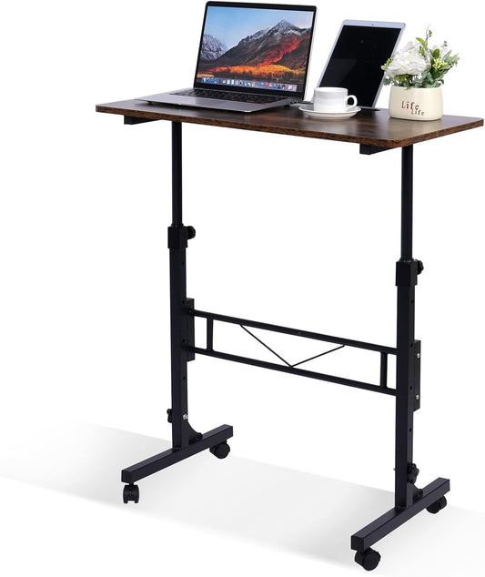 Standing Desk Adjustable Height, Mobile Stand up Desks with Wheels Small Computer Desks Rolling Desk, Portable Laptop Desks Rustic Standing Table Sit Stand Home Office Desks 16"X31.5" Height 27"-43.5"