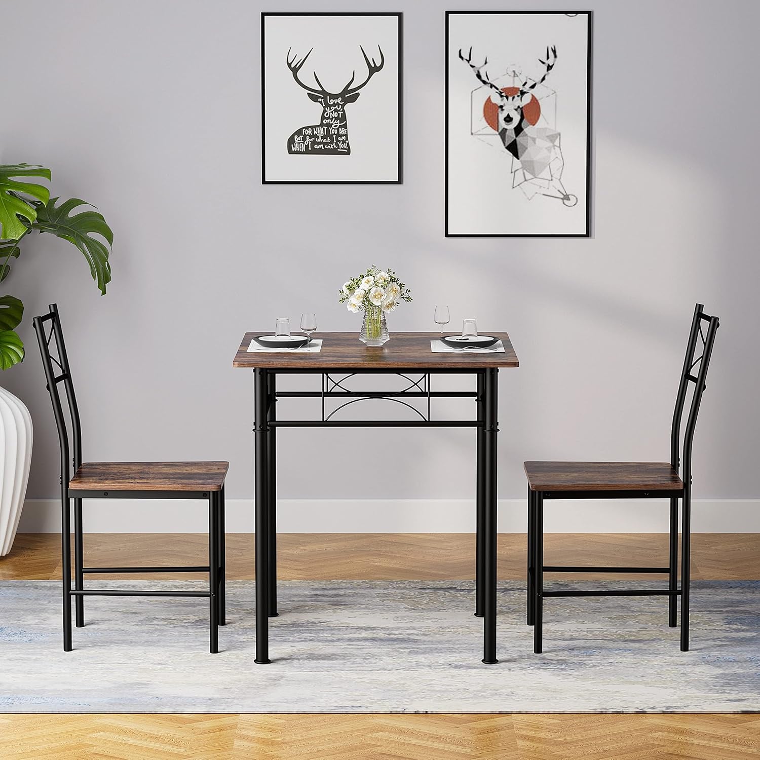 3-Piece Kitchen Dining Room Table Set for Small Spaces，Iron Wood Square Table with 2 Chairs for Kitchen Dining Room Furniture
