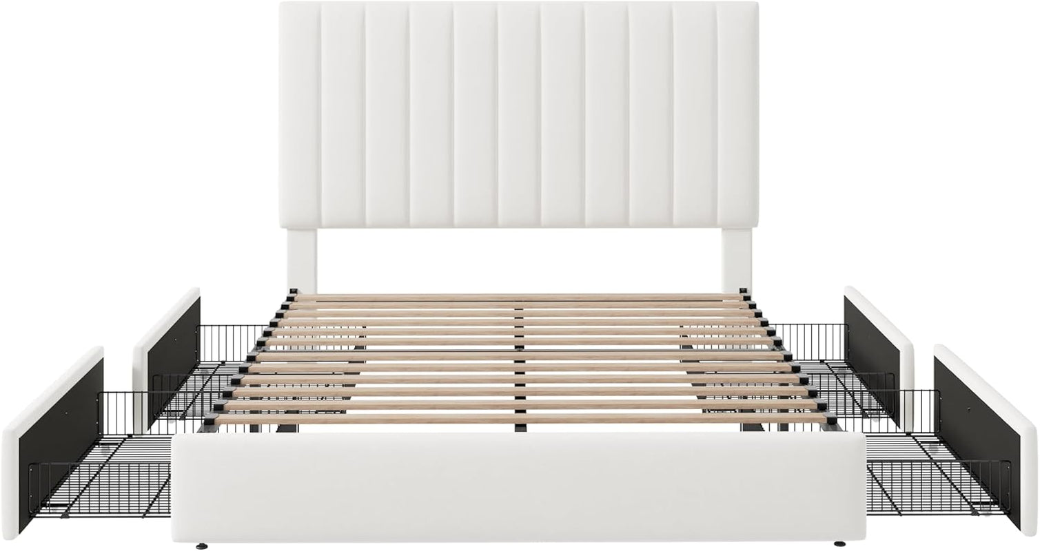 Queen Size Storage Bed Frame, Vertical Channel Tufted Adjustable Headboard, Velvet Upholstered Platform Bed with 4 Oversized Underbed Drawers, Wooden Slats Support, No Box Spring Needed, White