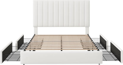 Queen Size Storage Bed Frame, Vertical Channel Tufted Adjustable Headboard, Velvet Upholstered Platform Bed with 4 Oversized Underbed Drawers, Wooden Slats Support, No Box Spring Needed, White