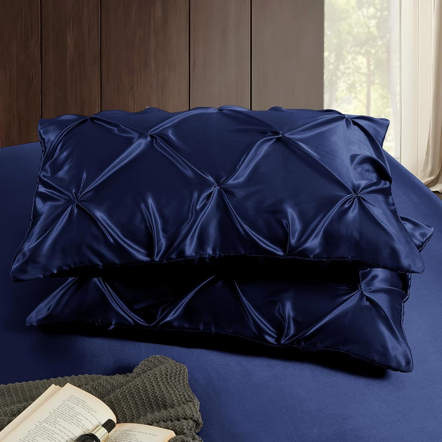 Pintuck Satin Pillowcase King Size Set of 2, Navy Blue Satin Pillow Shams Pinch Pleated Silky Smooth Pillow Covers for Hair, Decorative Pillow Case with Envelope Closure