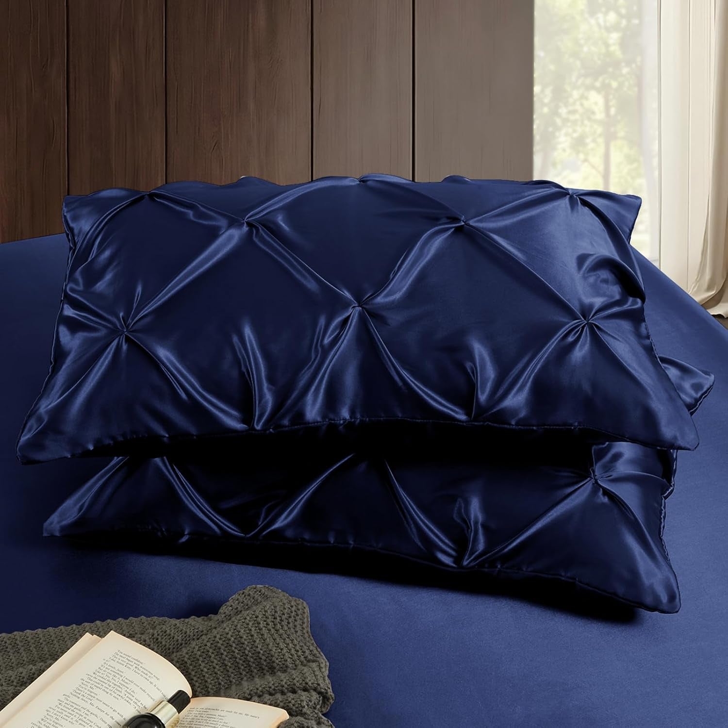 Pintuck Satin Pillowcase King Size Set of 2, Navy Blue Satin Pillow Shams Pinch Pleated Silky Smooth Pillow Covers for Hair, Decorative Pillow Case with Envelope Closure