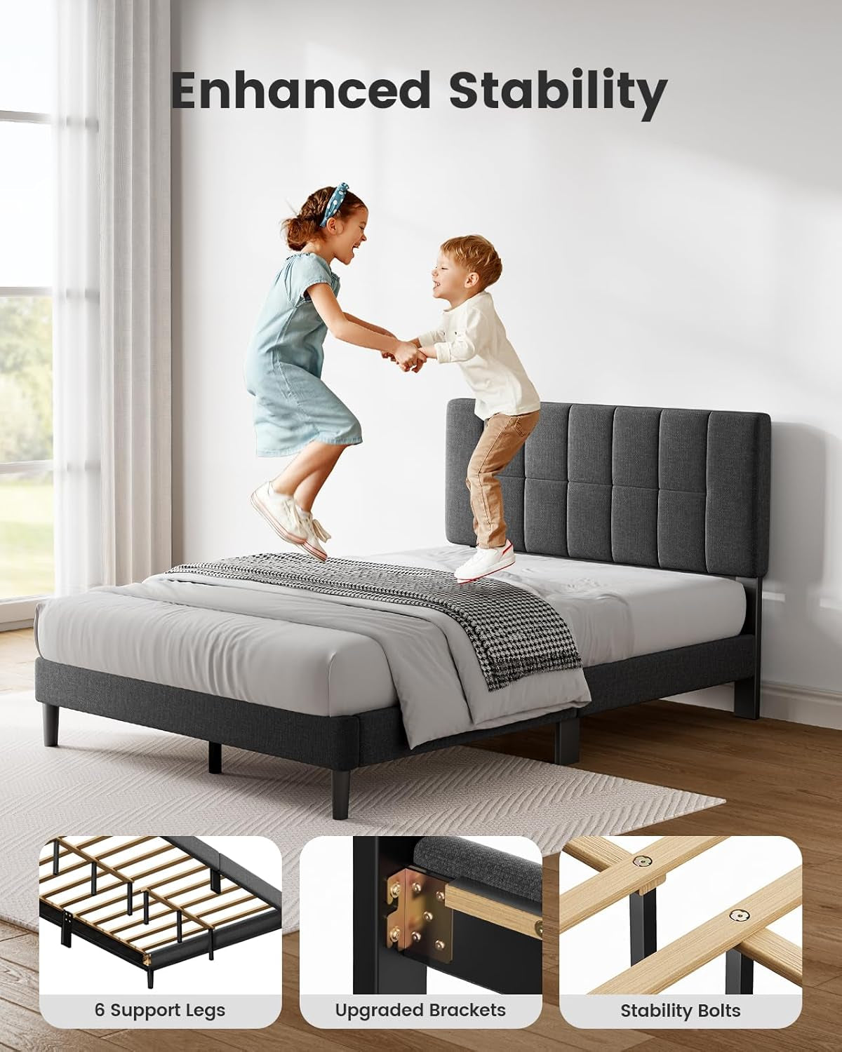 Queen Bed Frame with 12 Thickened Legs&Fabric Upholstered Headboard,1300 Lbs Strong Weight Capacity, Adjustable Headboard, No Box Spring Needed, Easy Assembly, Underbed Storage（Solid Wooden）