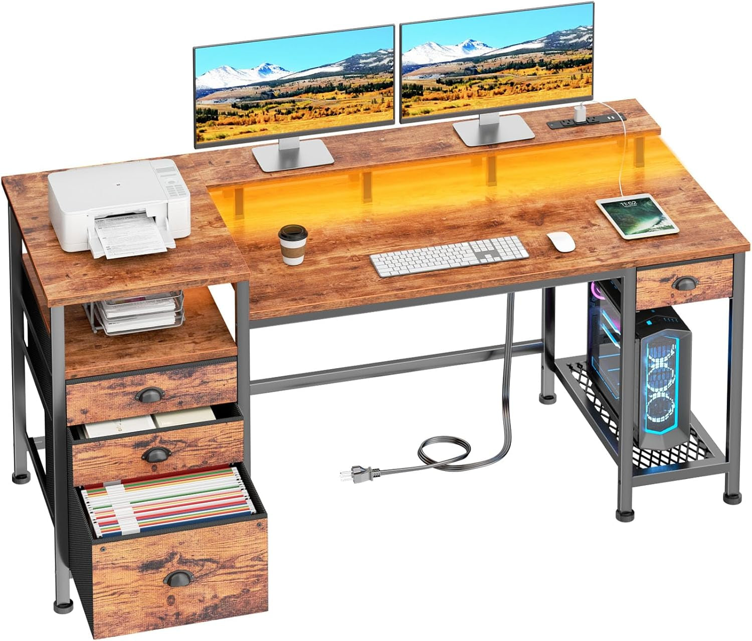 60" Computer Desk with 4 Drawers and Printer Space, Gaming Desk with LED Lights and USB Power Outlets, Office Desk with Fabric File Cabinet, Work Table with Shelf for Bedroom, Rustic Brown