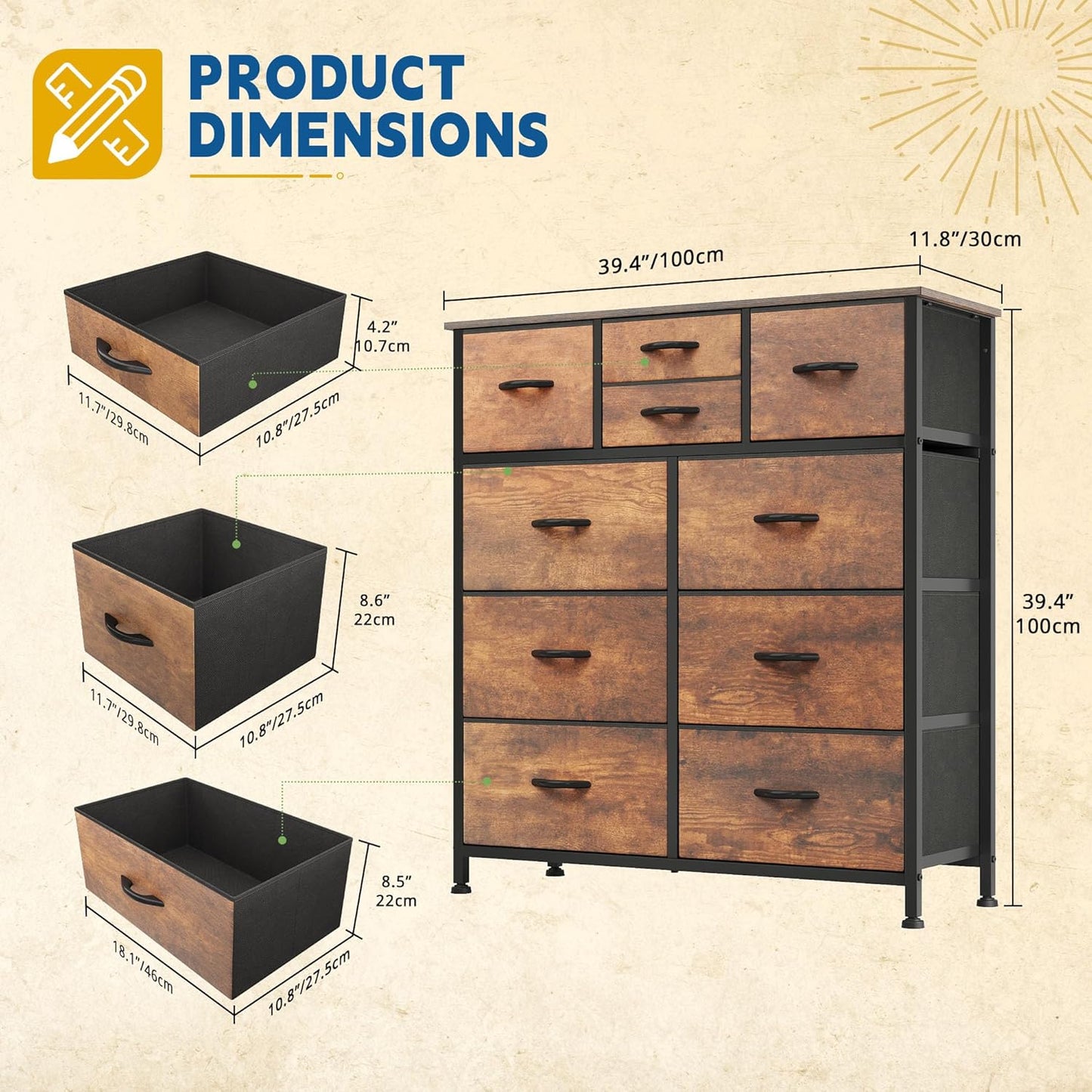 Dresser with 10 Drawers - Fabric Storage Tower, Organizer Unit for Living Room, Hallway - Sturdy Steel Frame, Wooden Top & Easy Pull Fabric Bins