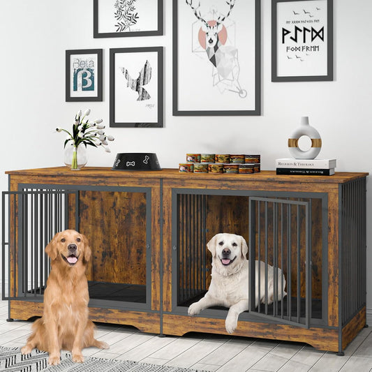 3-In-1 75 Inch Double Dog Crate Furniture for 2 Large Dogs Durable Rustic Brown TV Stand Dog Crate with Trays and Divider