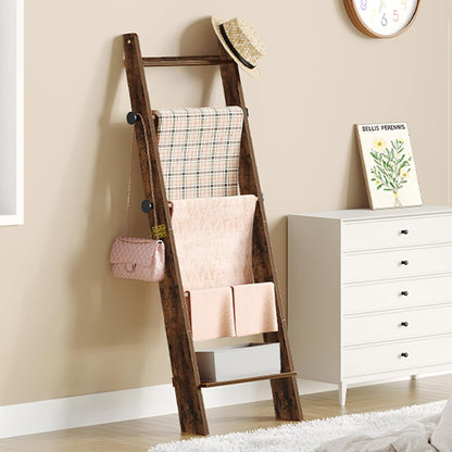 Blanket Ladder for Living Room, Decorative Quilt Rack with 4 Removable Hooks, 5-Tier Blanket Ladder Shelf for Bedroom,Rustic Brown BR30501X