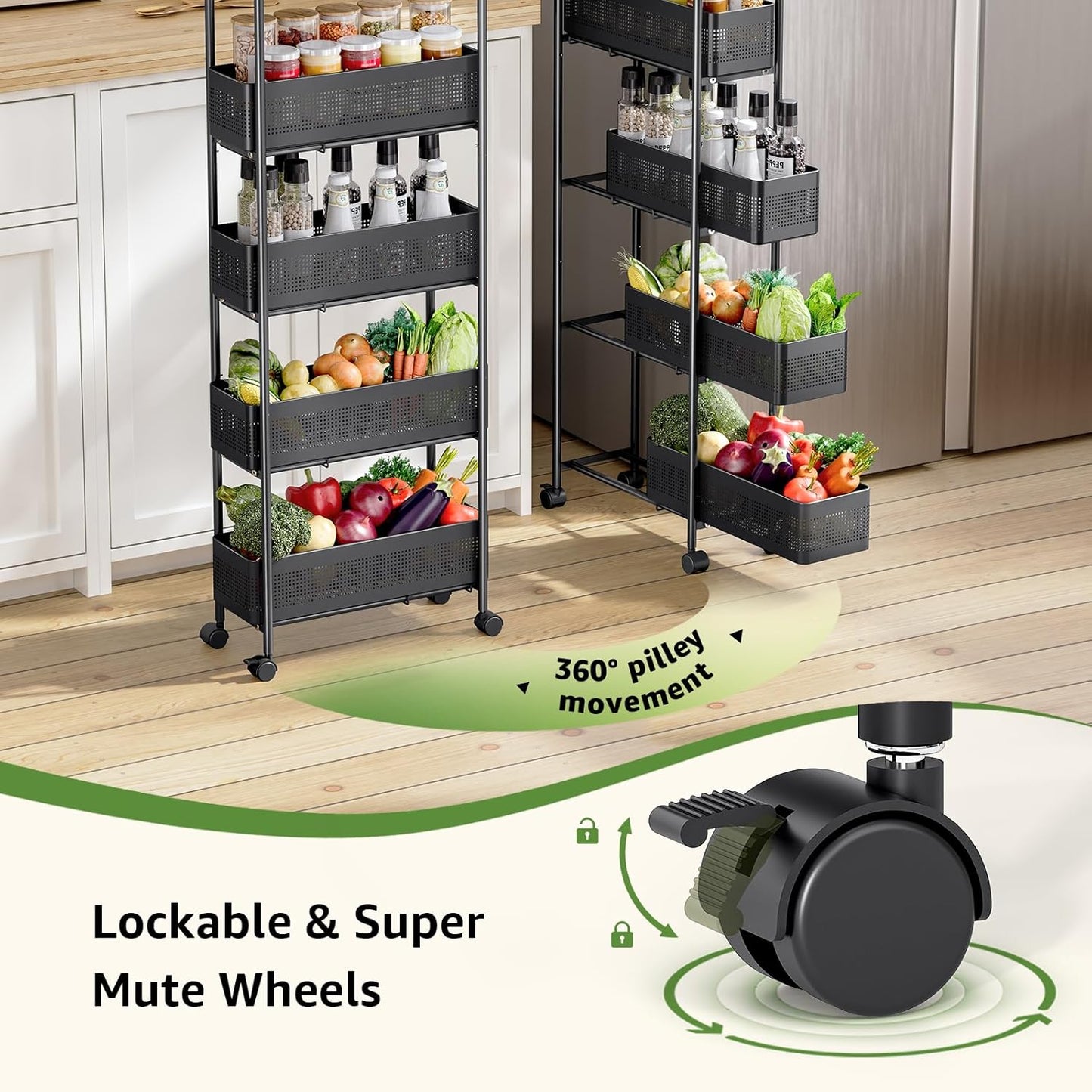 5-Tier Slim Storage Cart with Pull Out Basket, Rolling Bathroom Organizer Utility, Metal Shelving Unit Slide Out, Lockable Wheels, Easy Assembly for Narrow Place, Kitchen, Laundry Room, Black