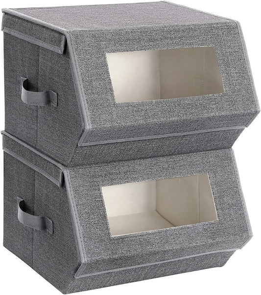 Stackable Storage Bins Set of 2, Storage Boxes with Lids and Front Windows, Non-Woven Fabric Closet Organizers with Magnetic Closures, Side Handles, Dark Gray URPLB02G