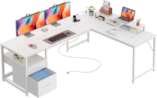 63 Inch L Shaped Desk with Power Outlets and USB-C Port, Computer Corner Home Office Desk with File Fabric Drawers and Movable Monitor Stand, Larger Storage, Gaming, Writing, Work, White