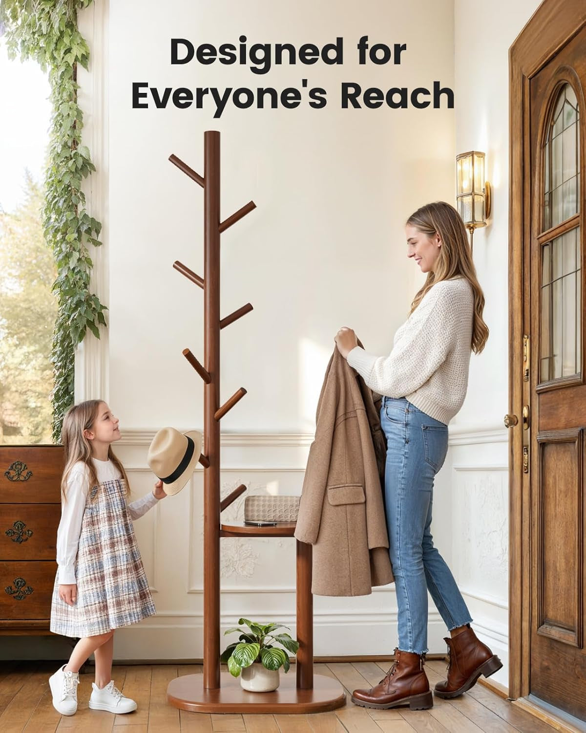 Coat Rack, Freestanding Hall Tree with 8 Hooks & Storage Shelf, Solid Wood Base, 66.3″ Tall Coat Rack Stand for Coats, Hats, Bag in Entryway, Bedroom, Living Room, Brown, PIFCR11BN