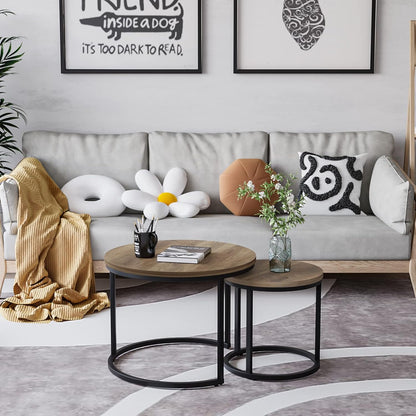 Nesting Coffee Table Set of 2, 23.6" round Coffee Table Wood Grain Top with Adjustable Non-Slip Feet, Industrial End Table Side Tables for Living Room Bedroom Balcony Yard