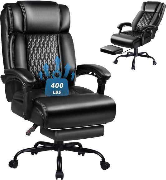 400Lbs Executive Office Chair with Foot Rest, Heavy Duty Big and Tall Desk Chair, Ergonomic High Back PU Leather Computer Chairs (Black)