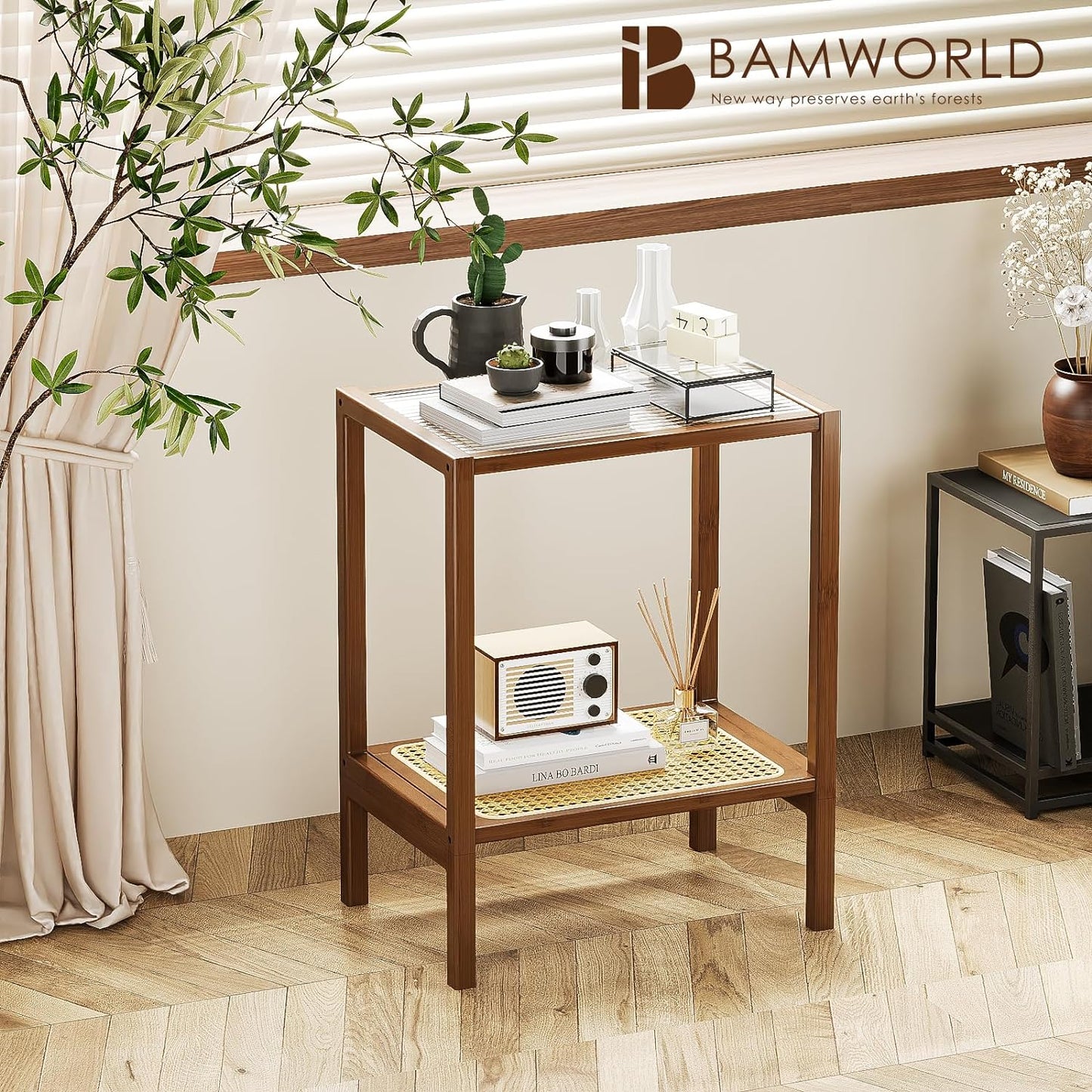 Rattan Side Table Living Room Glasstop Night Stand Boho End Table 2-Tier with Storage Mid Century Modern Bedside Table for Small Spaces Narrow Coffee Table Bamboo