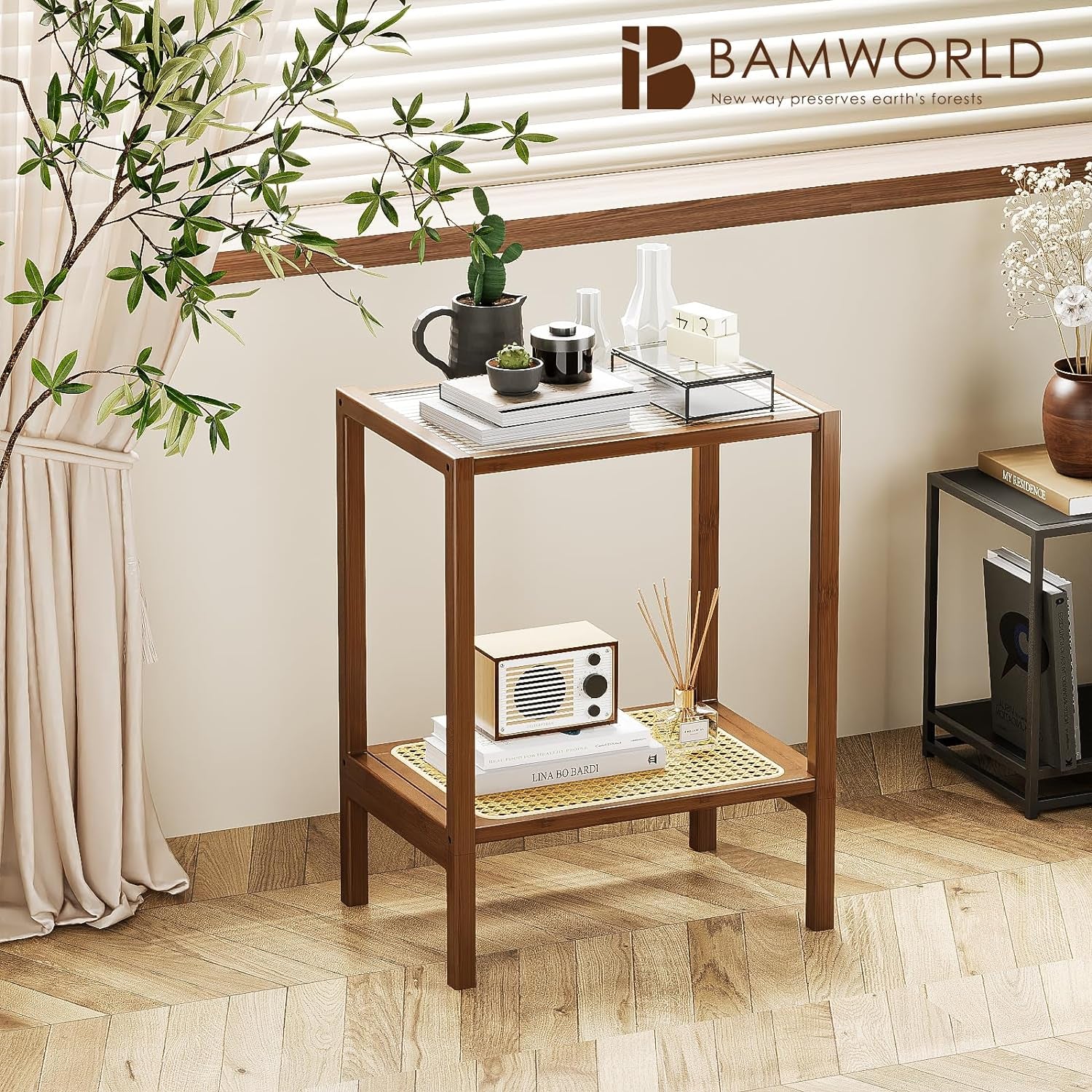 Rattan Side Table Living Room Glasstop Night Stand Boho End Table 2-Tier with Storage Mid Century Modern Bedside Table for Small Spaces Narrow Coffee Table Bamboo