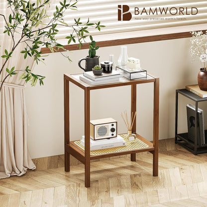 Rattan Side Table Living Room Glasstop Night Stand Boho End Table 2-Tier with Storage Mid Century Modern Bedside Table for Small Spaces Narrow Coffee Table Bamboo