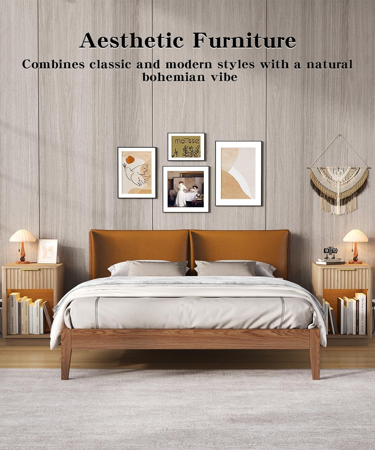 Fluted Nightstands Set of 2, Wooden Night Stand with Charging Station and LED Light, Modern Mid Century End Table with Drawer, 15" D X 15.7" W X 22.6" H, for Bedroom, Natural Oak