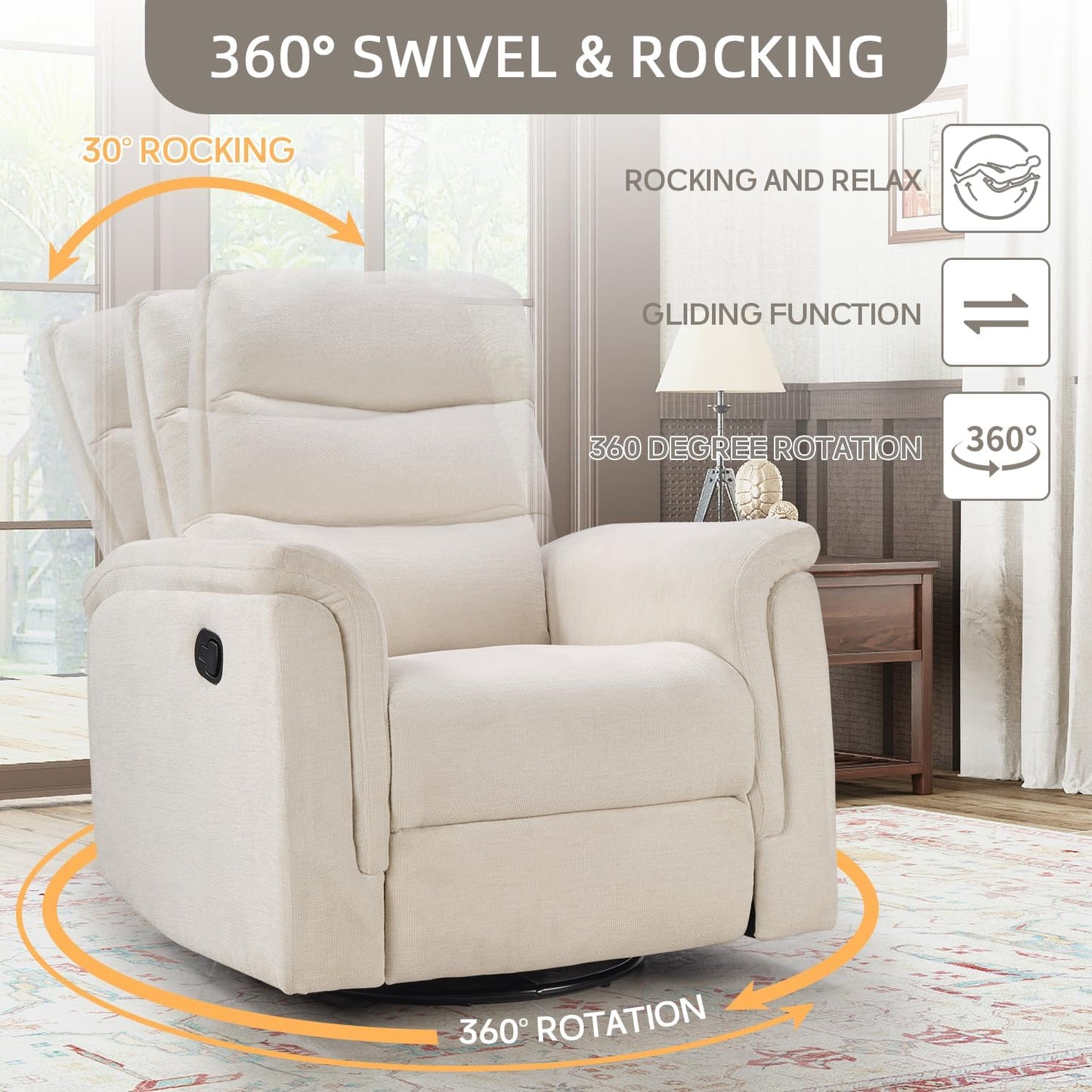Swivel Rocker Recliner, Nursery Glider Chair, Manual Chairs Swivel Glider Recliners with Soft Backrest, Fabric Manual Reclining Sofa for Living Room Bedroom Apartment, Beige