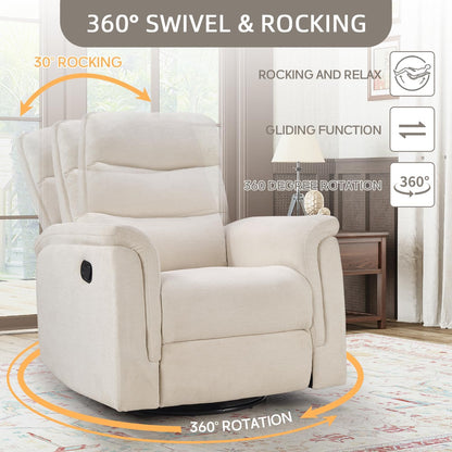 Swivel Rocker Recliner, Nursery Glider Chair, Manual Chairs Swivel Glider Recliners with Soft Backrest, Fabric Manual Reclining Sofa for Living Room Bedroom Apartment, Beige