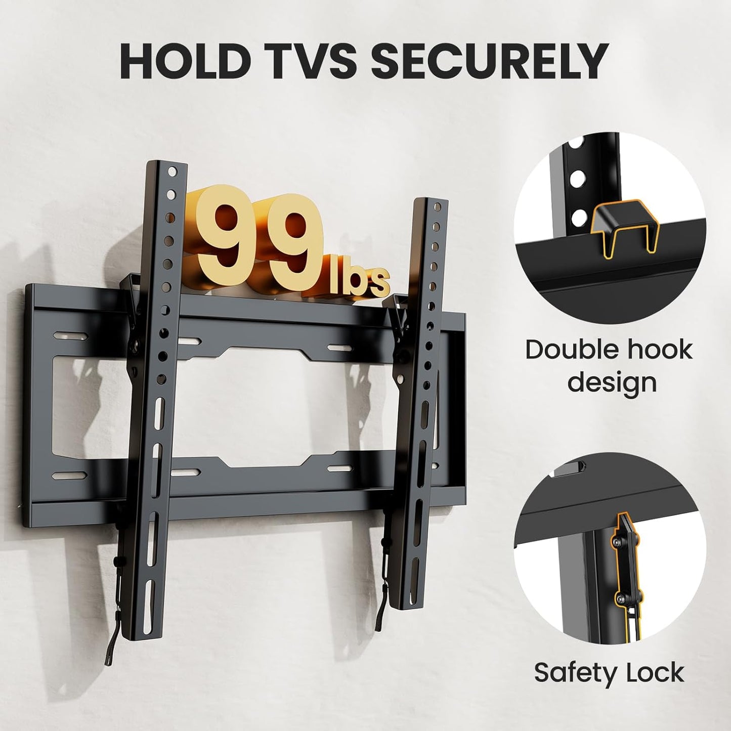 40 50 55 Inch Low Profile TV Wall Mount for 24-65 Inch LED/LCD & Flat/Curved Tvs, Universal Wall Mount Bracket with Safe Lock, Max VESA 400X400Mm, up to 99Lbs & 16 '' Stud