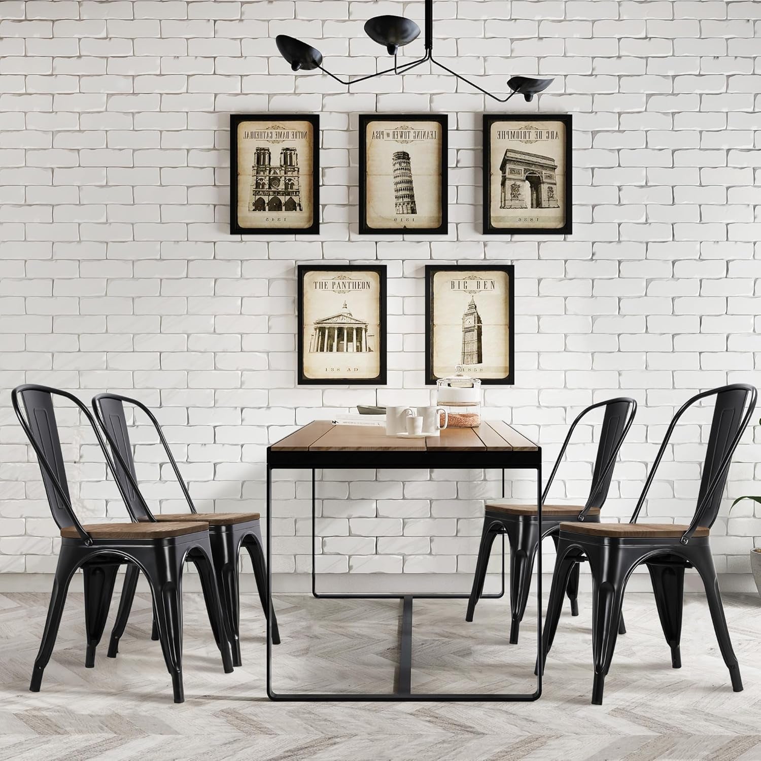 Metal Dining Chairs Set of 4, Industrial Stackable Kitchen Chairs with Wood Top Seat for Dining Room/Restaurant/Bistro/Patio, Indoor & Outdoor Use, Black