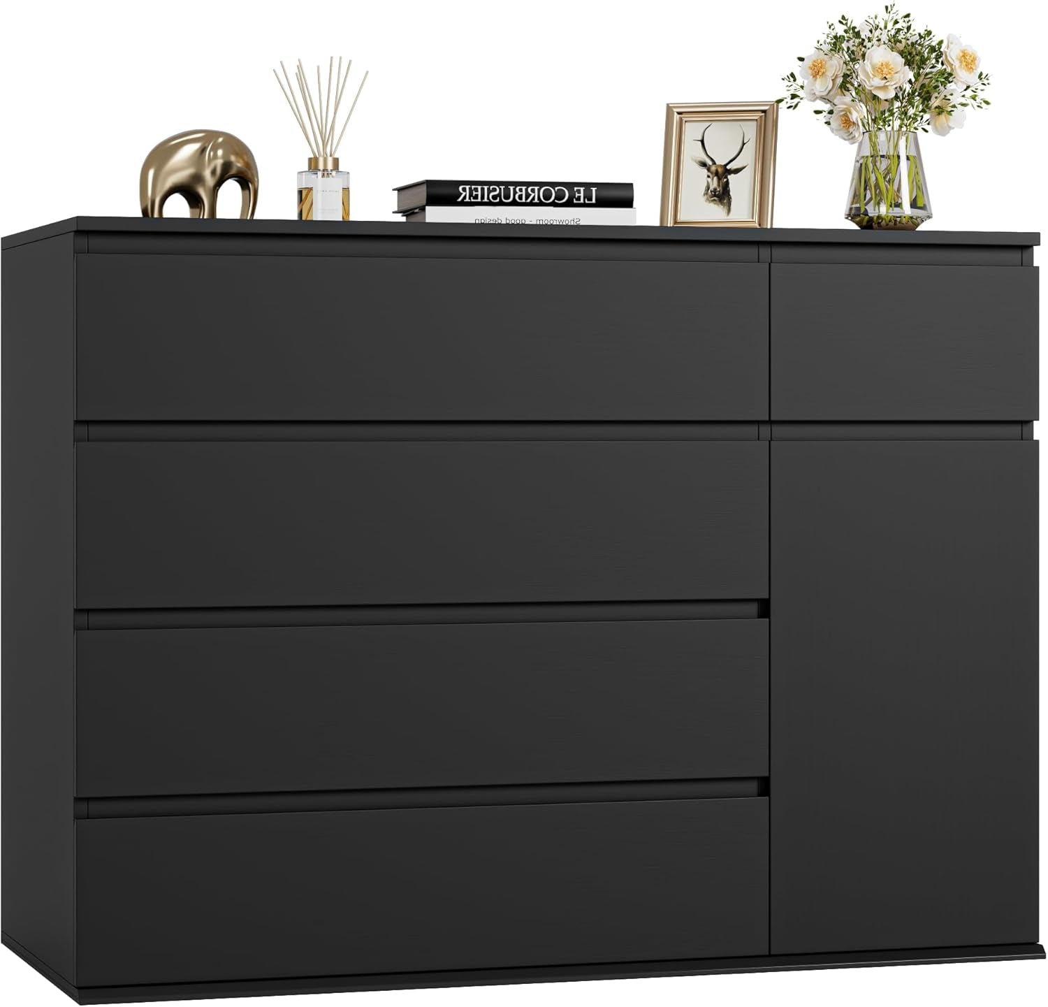 5 Drawer Dresser, Black Dresser for TV Stand, Double Wide Storage Chest of Drawers with Door, Deep Drawers and Wide Storage Space