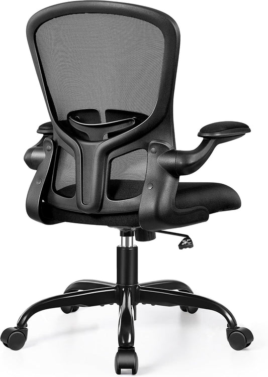 Office Desk Chairs, Ergonomic PC Desk Chair with Wheels, Adjustable Lumbar Support and Height, Swivel Computer Chair with Flip-Up Armrests, Ergo Mesh Backrest for Working (Black)