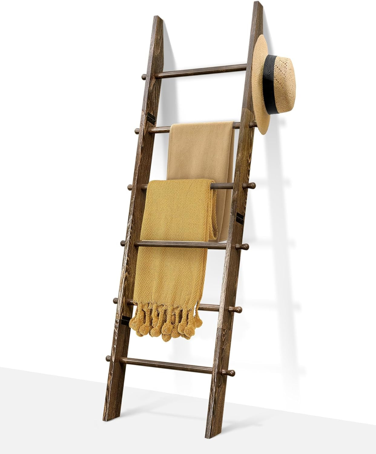 6-Tier Blanket Ladder with Hanging Knobs,5.5 Ft Wall Leaning Blanket Ladders for Living Room Bedroom,Rustic Decorative Storage for Quilts,Throws,Easy to Assemble,Rustic Brown