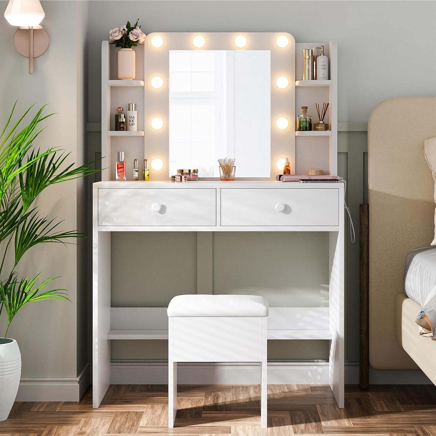 Vanity Desk with Lighted Mirror and Power Outlets, Makeup Vanity Set with Storage Drawer, Shelves and Chair, White Dressing Table with 3 Color Lighting Modes for Bedroom