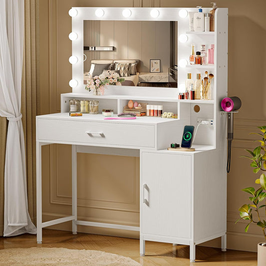 Vanity Desk with Mirror and Lights, Makeup Vanity with Storage Drawer, Power Outlet and Large Cabinet for Bedroom - White