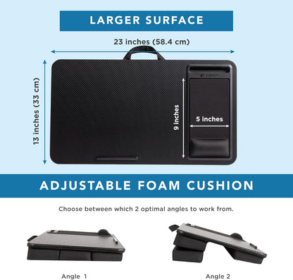 Extra Large Adjustable Lap Desk – Fits Laptops up to 17.3”, Adjustable Cushion, Memory Foam Wrist Rest, Mouse Pad, Device Ledge, & Phone Slot – Black Carbon - Style No. 88108