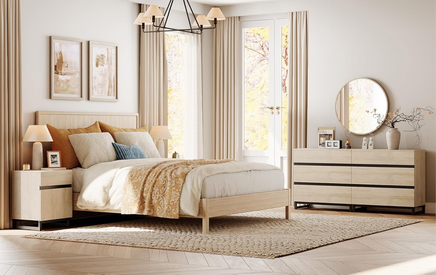 Dresser and Nightstand Set of 3, 63 Inches Dresser with 6 Drawers, 2 Nightstand with Drawer and Cabinet for Bedroom, Bedroom Furniture Set, Light Oak