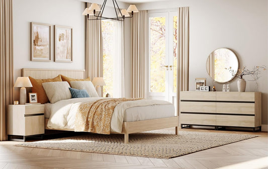 Dresser and Nightstand Set of 3, 63 Inches Dresser with 6 Drawers, 2 Nightstand with Drawer and Cabinet for Bedroom, Bedroom Furniture Set, Light Oak