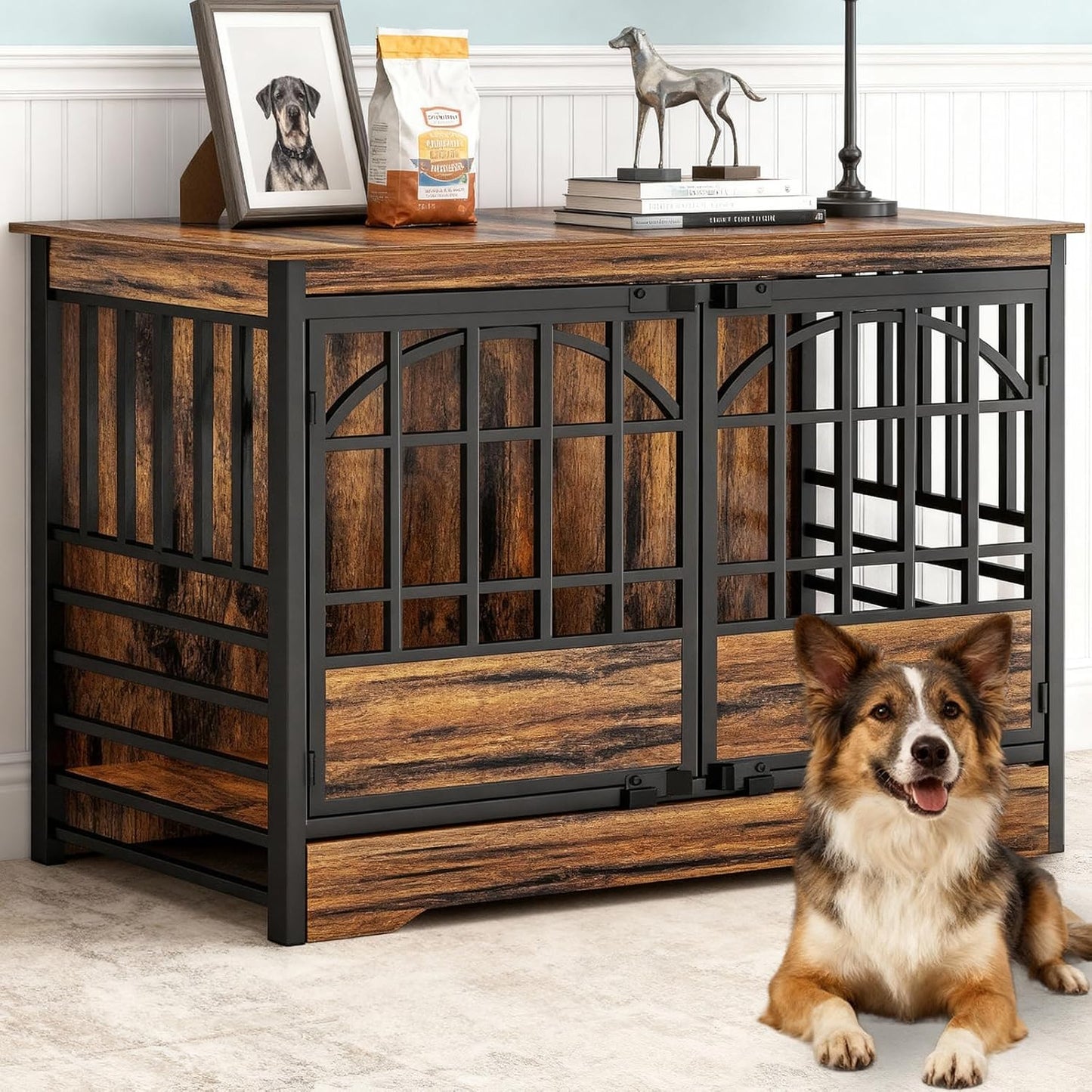 52 Inch Dog Crate Furniture, Extra Large Dog Kennel Indoor for Xlarge Breed, Heavy Duty Dog Cage with Double Elegant Arched Doors, Decorate as TV Stand & End Table (Cognac Brown)