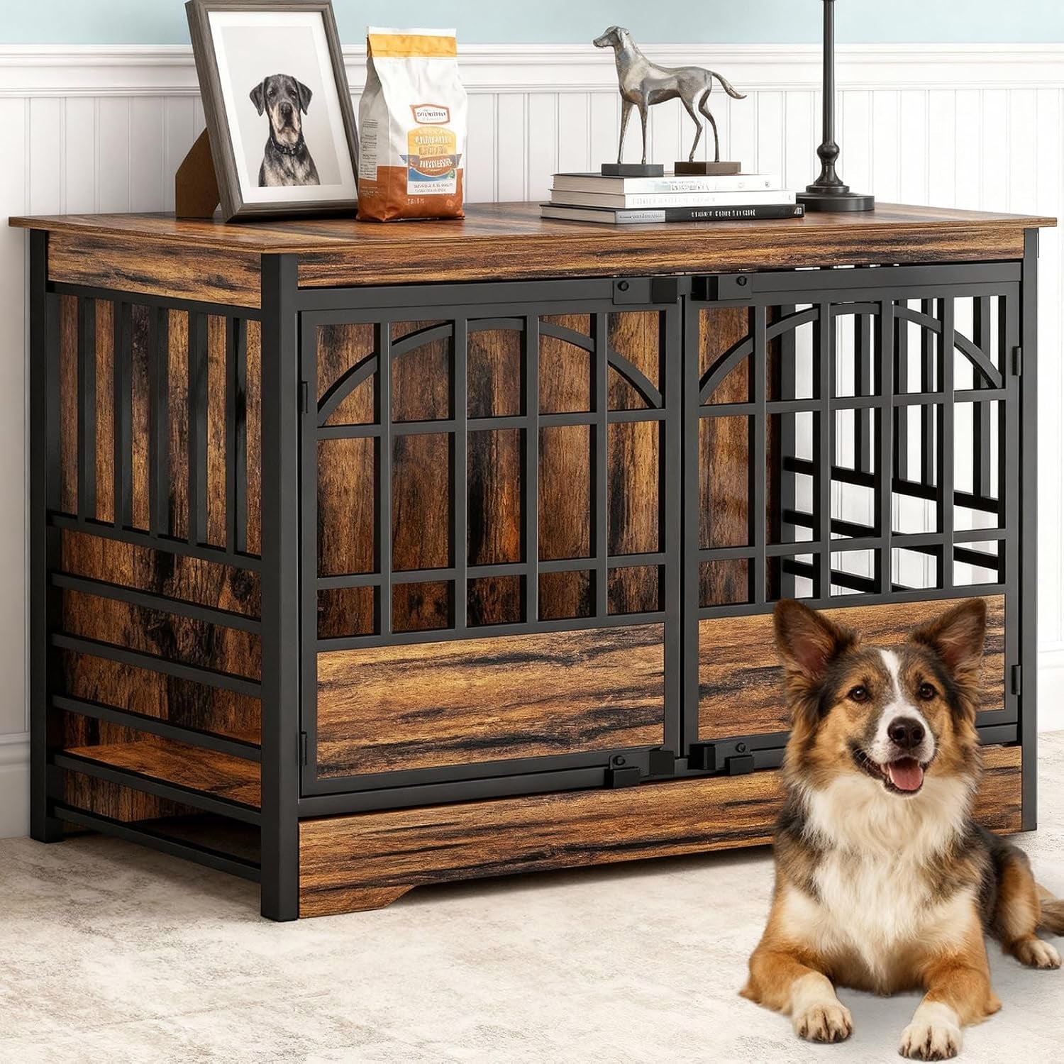 52 Inch Dog Crate Furniture, Extra Large Dog Kennel Indoor for Xlarge Breed, Heavy Duty Dog Cage with Double Elegant Arched Doors, Decorate as TV Stand & End Table (Cognac Brown)