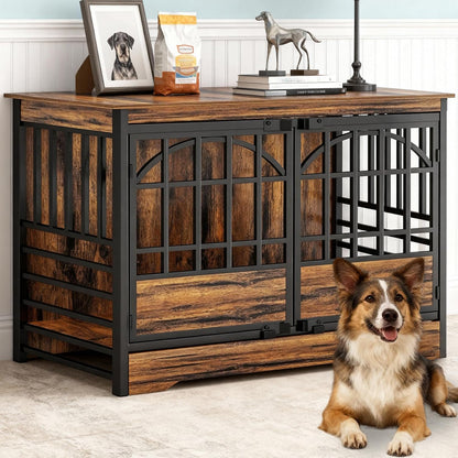 52 Inch Dog Crate Furniture, Extra Large Dog Kennel Indoor for Xlarge Breed, Heavy Duty Dog Cage with Double Elegant Arched Doors, Decorate as TV Stand & End Table (Cognac Brown)