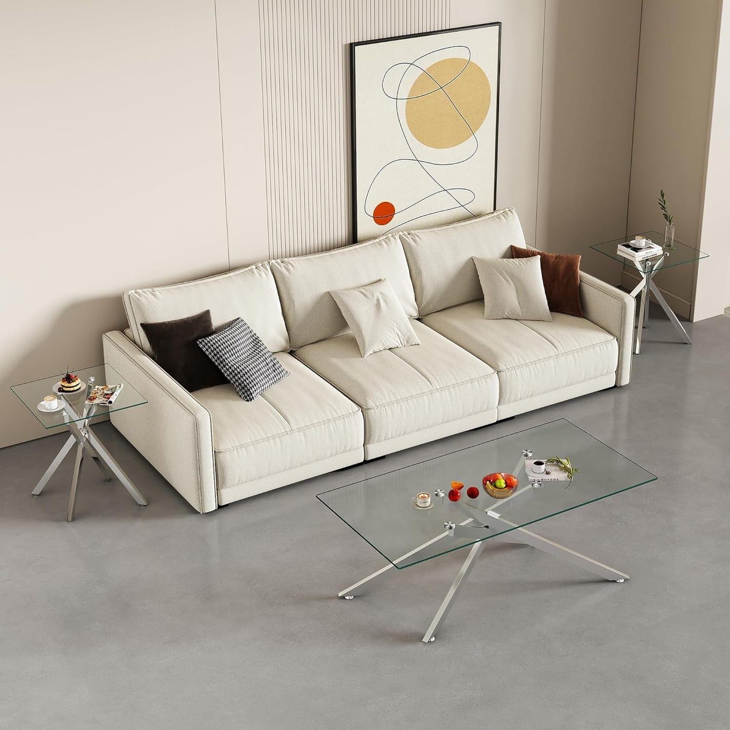 Living Room Set - Glass Coffee Table and 2 End Tables with Modern Design Set of 3 (Small Coffee Table + End Table X2, Silver)