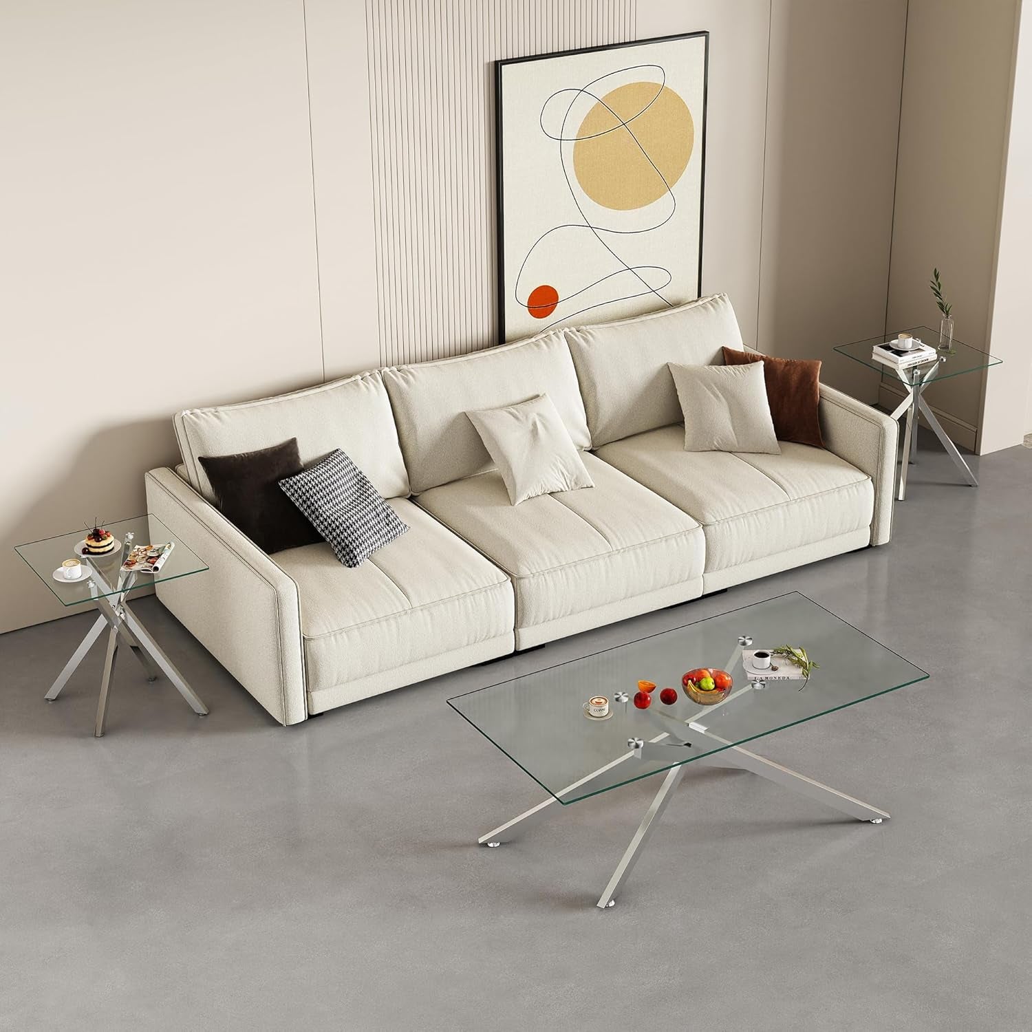 Living Room Set - Glass Coffee Table and 2 End Tables with Modern Design Set of 3 (Small Coffee Table + End Table X2, Silver)