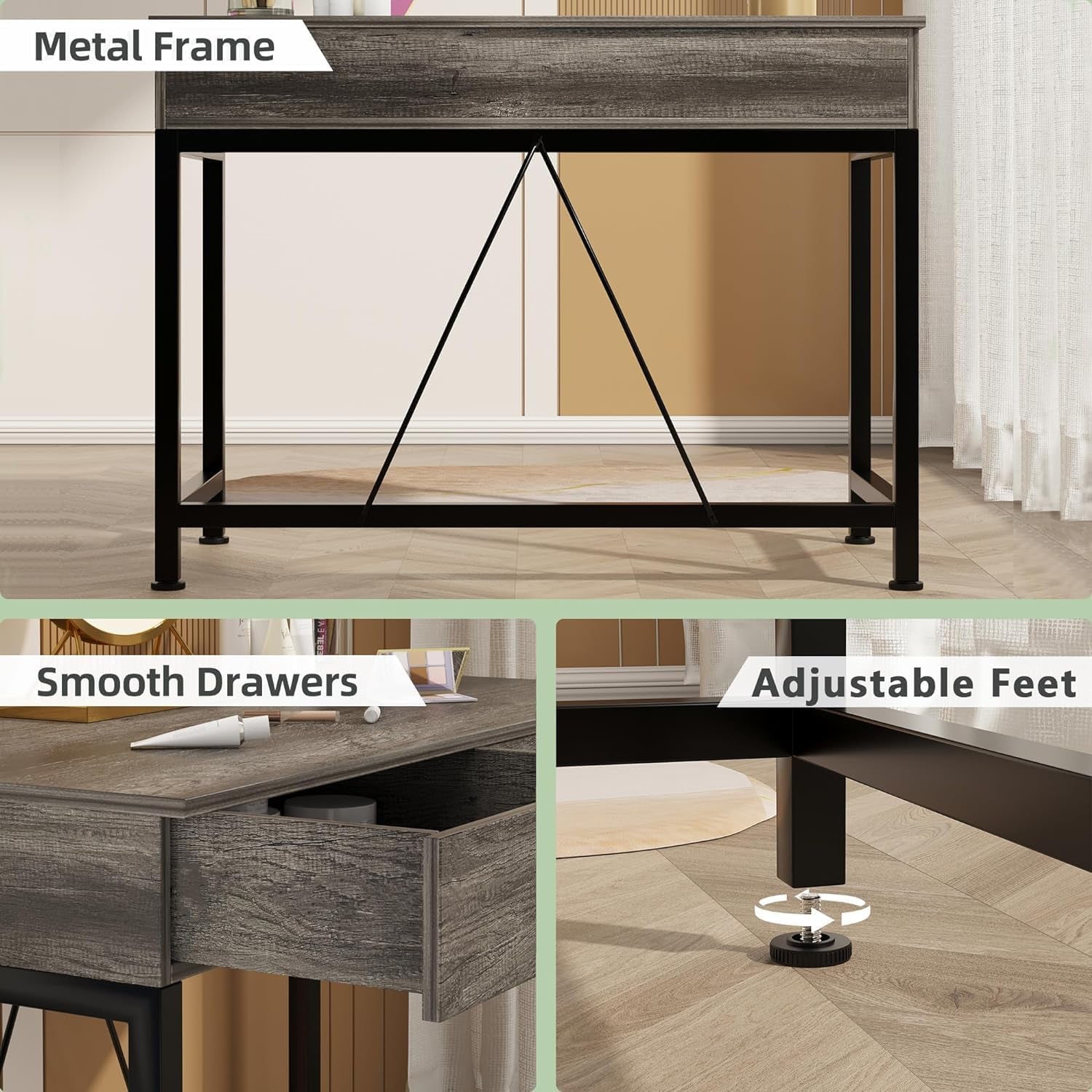 40Inch Small Desk with 2 Wooden Drawers,Vanity Desks for Home Office with Storage, Simple Computer Desk for Small Space,Desk for Bedroom, Modern Writing Work Kids Study Desk Table, Grey Oak