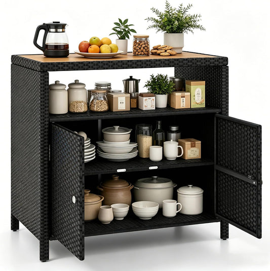 Wicker Outdoor Bar Cabinet - PE Rattan Patio Bar Table W/Acacia Wood Countertop, Open Shelf & 2 Doors, Buffet Sideboard Organizer for Garden Backyard Pool, outside Storage Cabinet (Black)