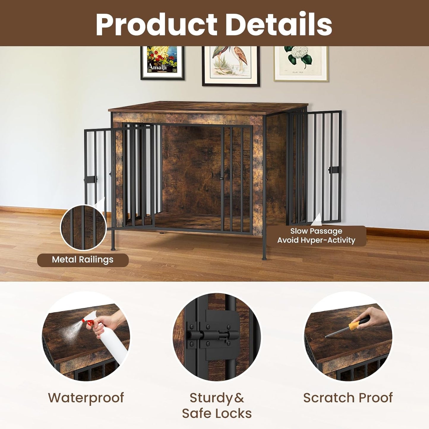Dog Crate Furniture 78" for 2 Dogs Sturdy Heavy Duty Dog Kennel Solid Metal Tube Thick Wooden with 3 Lockable Doors XXL Double Dog Cage Large Breed as End Table for Large Dogs Rustic Brown