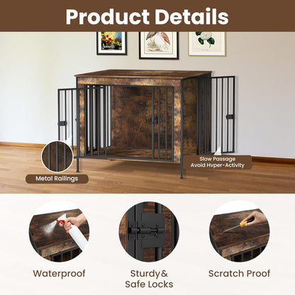 Dog Crate Furniture 78" for 2 Dogs Sturdy Heavy Duty Dog Kennel Solid Metal Tube Thick Wooden with 3 Lockable Doors XXL Double Dog Cage Large Breed as End Table for Large Dogs Rustic Brown