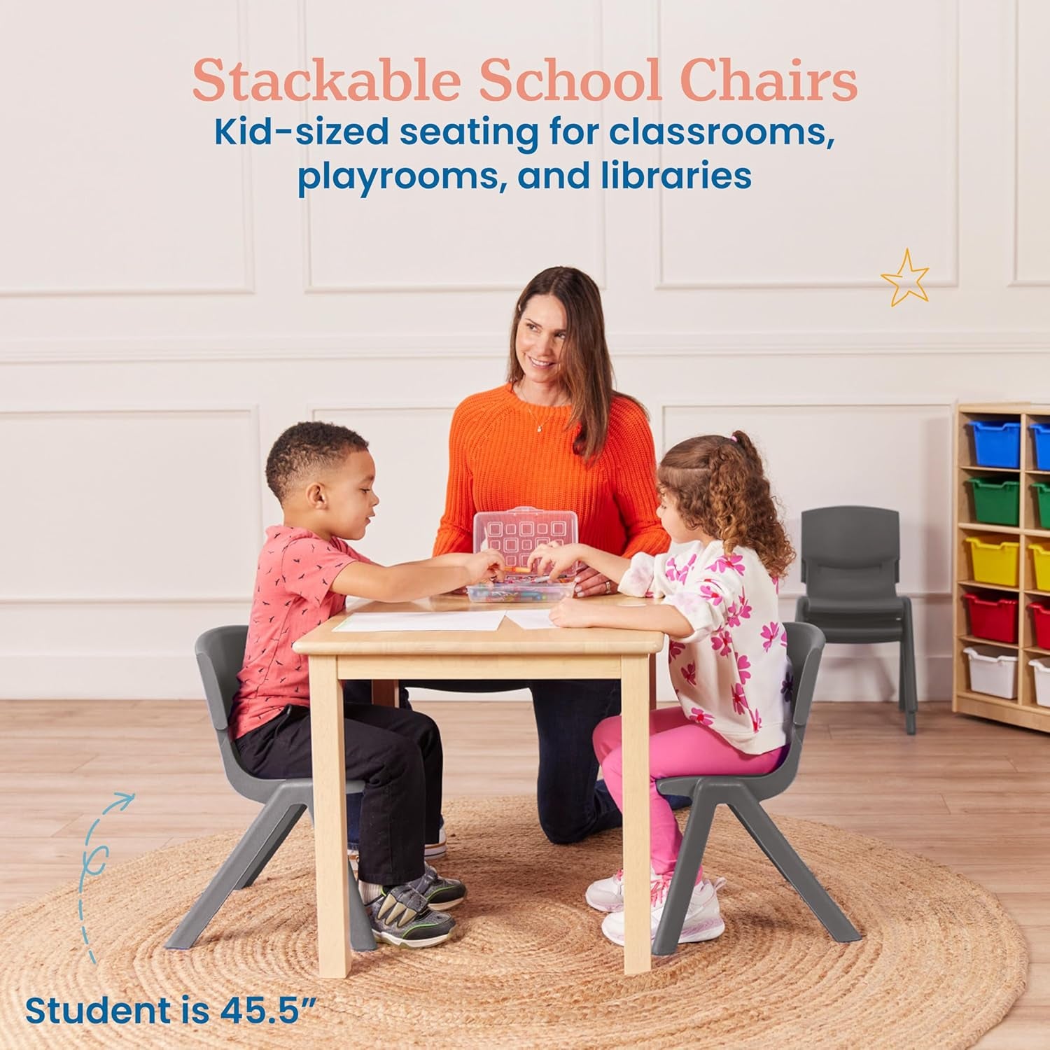 12In Plastic School Stack Chair, Classroom Furniture, Grey, 4-Pack
