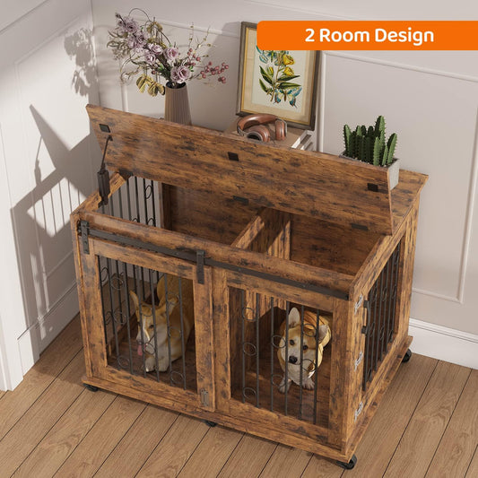 Large Dog Crate Furniture with Sliding Barn Door, 43.7" Wooden Dog Kennel End Table with Wheels and Flip-Top Plate Dog House with Detachable Divider for Small/Medium/Large Dog (Rustic Brown)