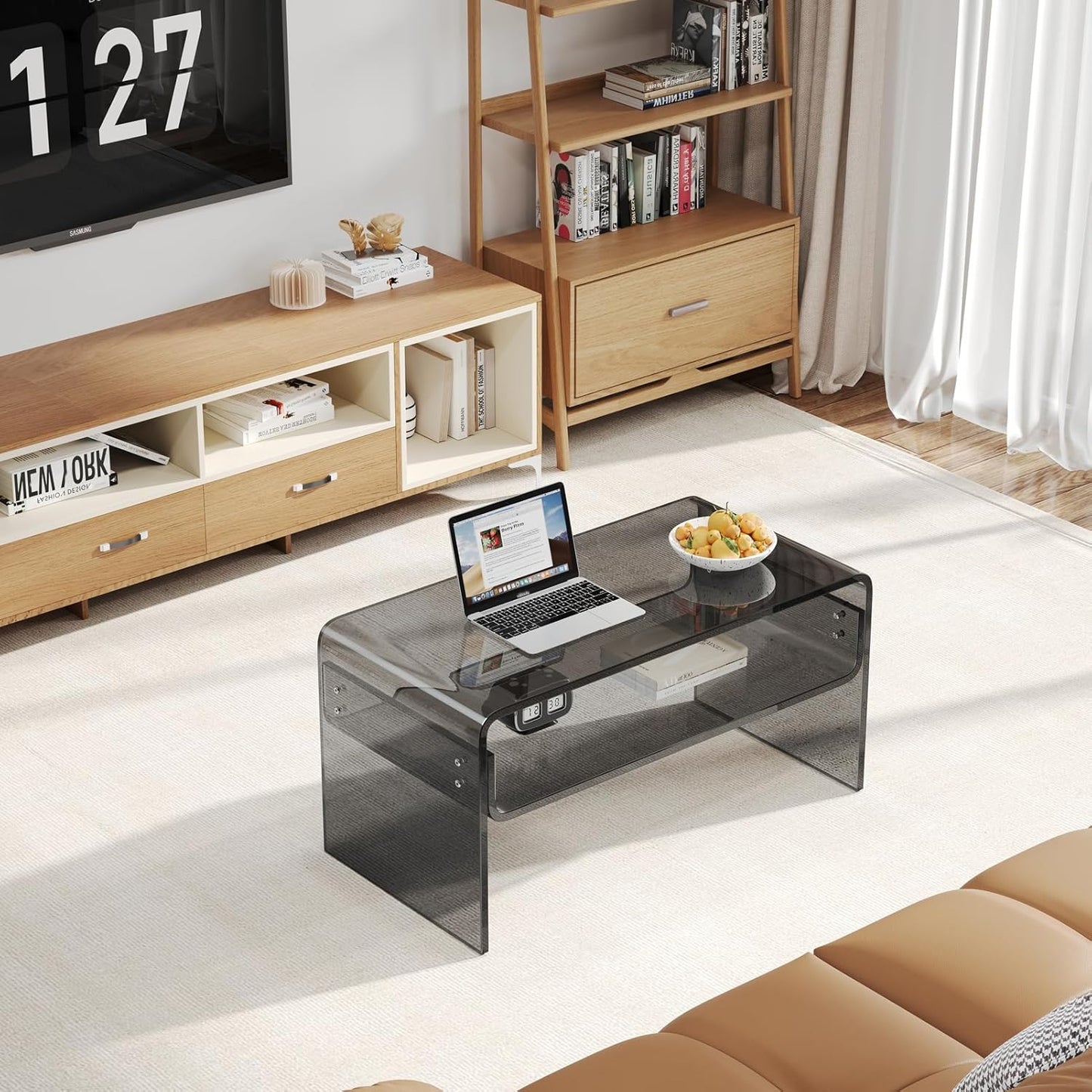 Acrylic Coffee Table, Black Rectangle Modern Side Table Furniture, Tea Table with Open Storage, Suitable for Living Room, Office Reception and Bedroom