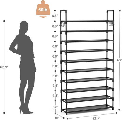 10 Tier Shoe Rack Tall Large Capacity Wide Shoe Organizer with Two Hooks Sturdy Metal Shoe Shelf for Entryway, Closet, Bedroom
