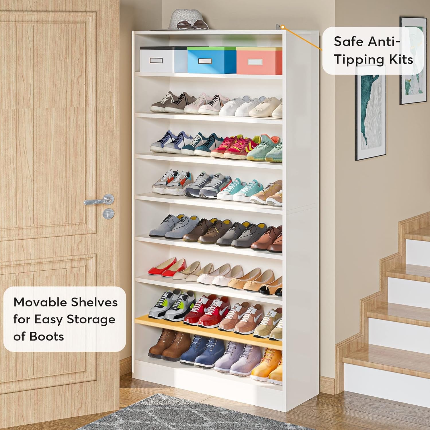 Shoe Cabinet, 9 Tiers 40-45 Pairs Heavy Duty Wood Freestanding Shoe Storage Cabinet, 70.8'' Tall Shoe Cabinet with Open Storage for Entryway, White